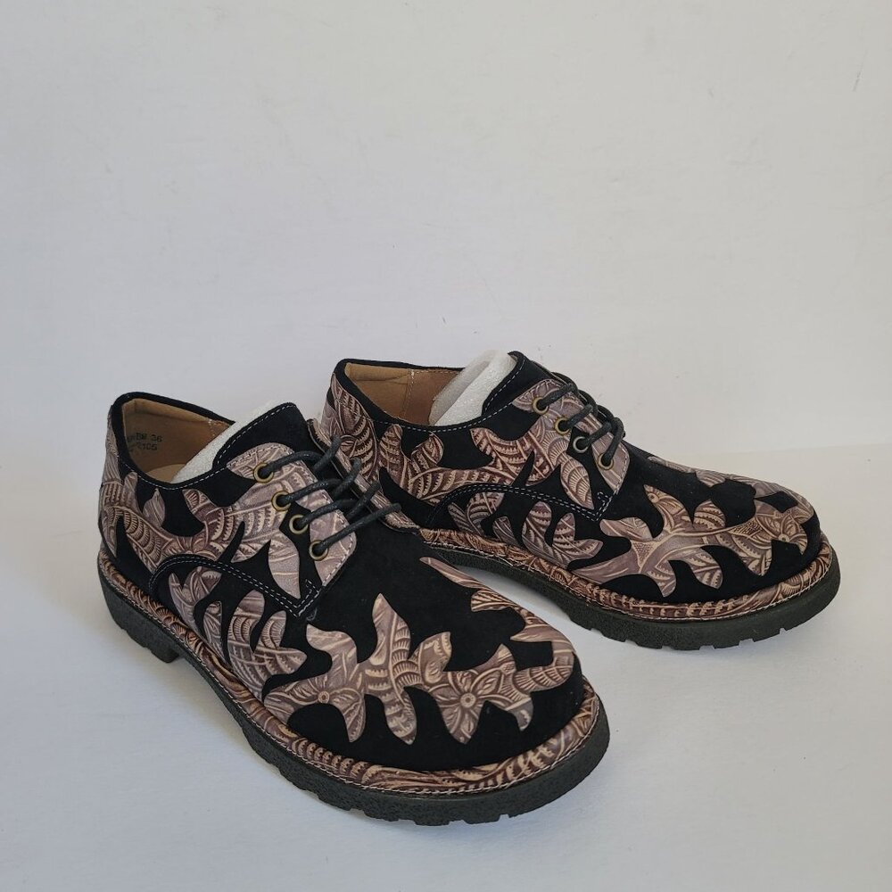 Spring Step Leather Floral Cutout Oxford Black Brown Artistic Shoes. Sz US 5.5-6
